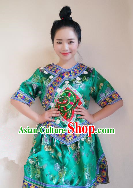 Chinese Traditional Miao Nationality Costume Ethnic Folk Dance Green Dress for Women