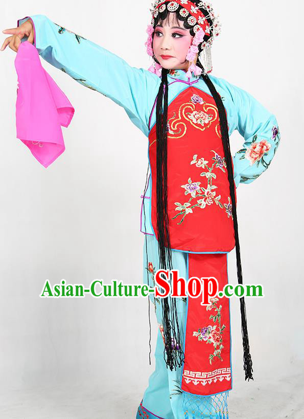 Traditional Chinese Beijing Opera Children Blue Costume Peking Opera Maidservants Red Vest Clothing for Kids