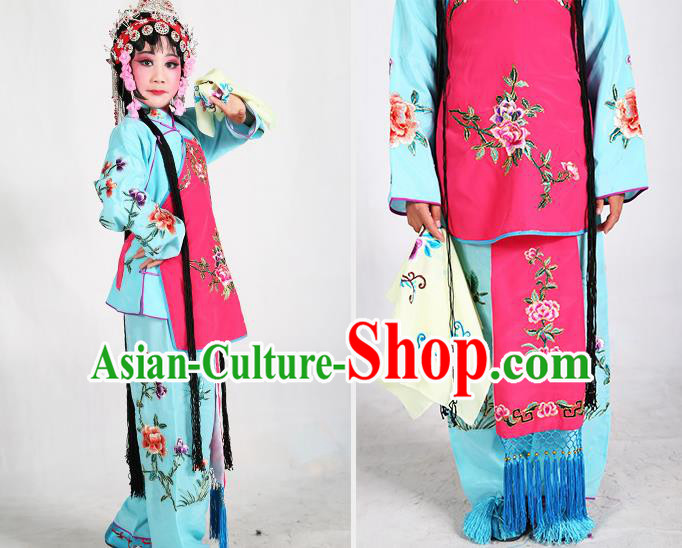 Traditional Chinese Beijing Opera Children Blue Costume Peking Opera Maidservants Rosy Vest Clothing for Kids