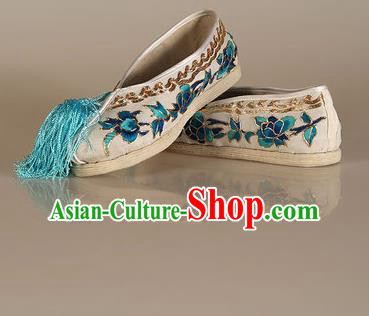 Asian Chinese Beijing Opera Shoes White Cloth Embroidered Shoes Traditional Peking Opera Diva Shoes