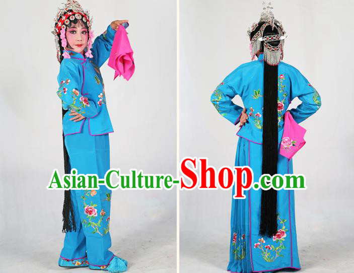 Traditional Chinese Beijing Opera Children Costume Peking Opera Maidservants Deep Blue Dress for Kids