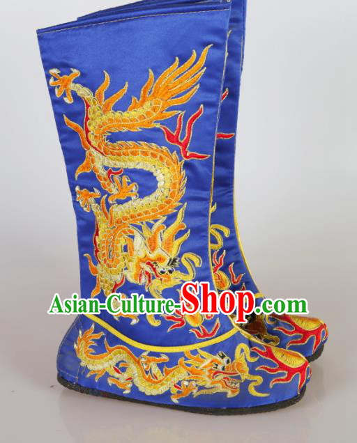 Asian Chinese Beijing Opera Shoes Emperor Royalblue Embroidered Boots Traditional Peking Opera Shoes