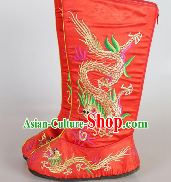 Asian Chinese Beijing Opera Shoes Emperor Red Embroidered Boots Traditional Peking Opera Shoes