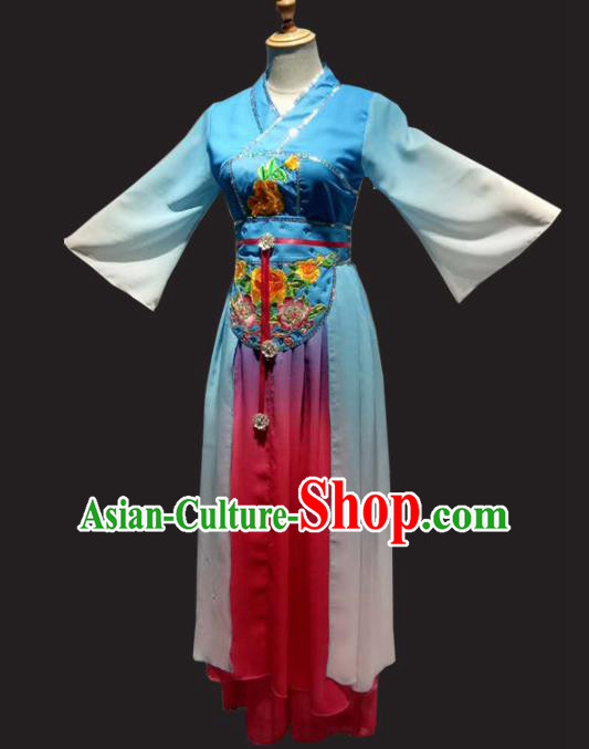 Traditional Chinese Classical Dance Costume Folk Dance Blue Dress for Women
