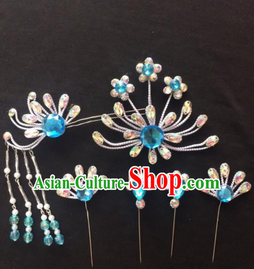 Asian Chinese Beijing Opera Hair Accessories Blue Rhinestone Phoenix Hairpins Complete Set for Women