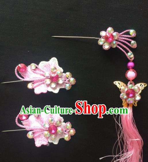 Asian Chinese Beijing Opera Hair Accessories Pink Tassel Hairpins Complete Set for Women