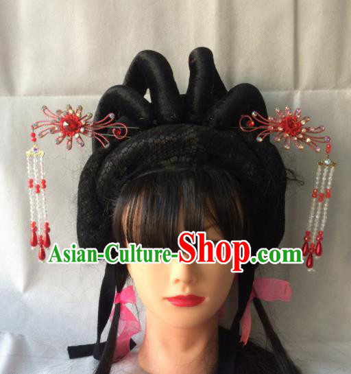 Asian Chinese Beijing Opera Hair Accessories Red Tassel Hairpins for Women