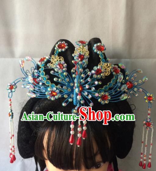 Asian Chinese Beijing Opera Hair Accessories Ancient Princess Blue Phoenix Coronet Hairpins for Women