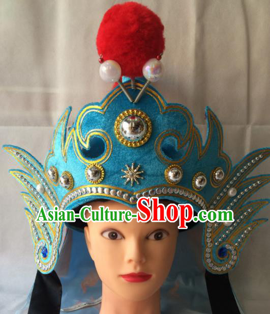 Asian Chinese Beijing Opera Takefu Blue Helmet Ancient General Hat for Men