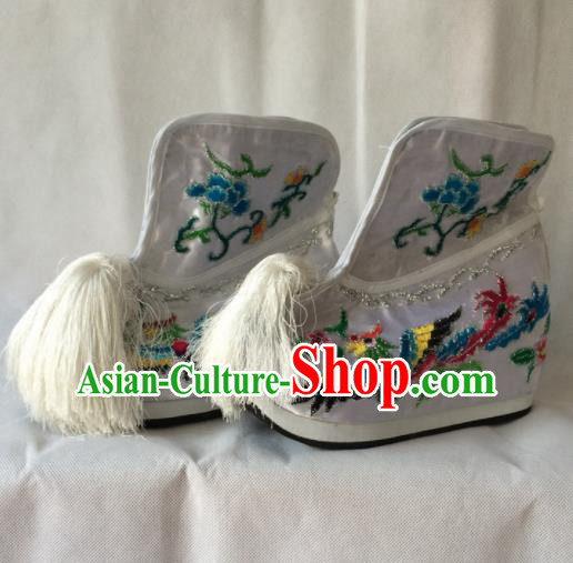 Asian Chinese Beijing Opera Shoes Ancient Princess Boots White Embroidered Shoes for Women