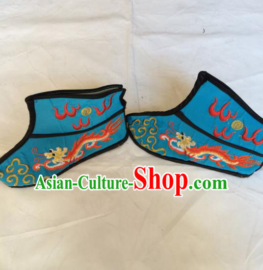 Asian Chinese Beijing Opera Takefu Blue Embroidered Boots Ancient Swordsman Shoes for Men