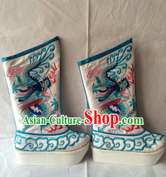 Asian Chinese Beijing Opera Takefu Embroidered Blue Dragon Boots Ancient Emperor Shoes for Men