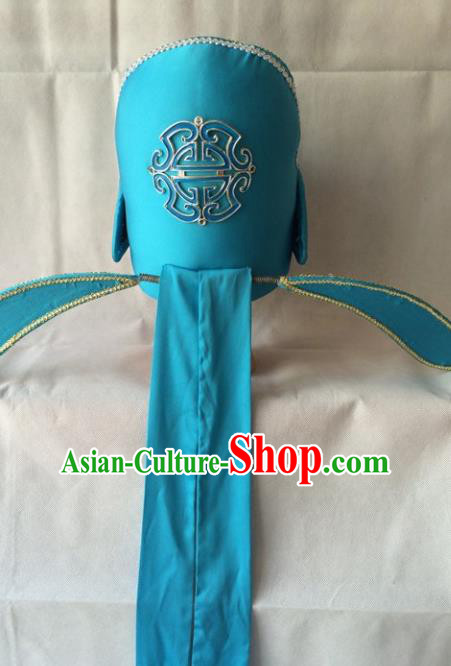 Asian Chinese Beijing Opera Niche Headwear Ancient Number One Scholar Blue Hat for Men