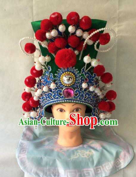 Asian Chinese Traditional Beijing Opera Helmet Headwear Ancient General Green Hat for Men