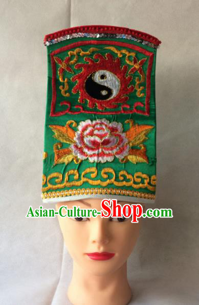 Asian Chinese Traditional Beijing Opera Headwear Ancient Taoist Priest Green Hat for Men
