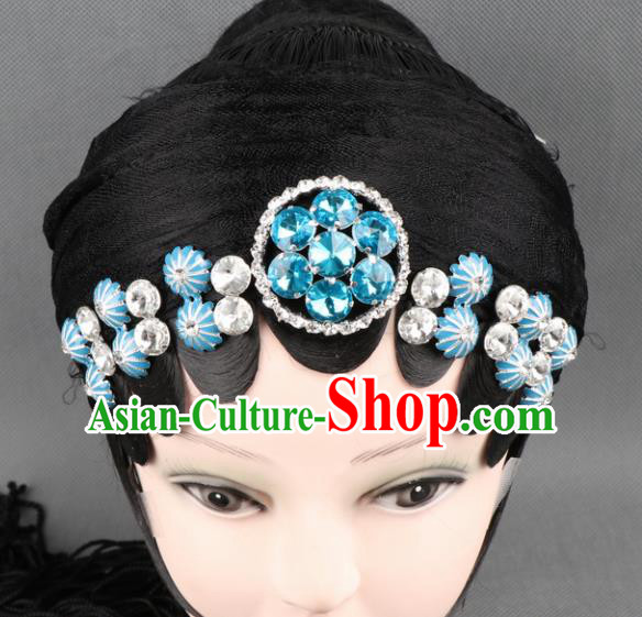 Asian Chinese Beijing Opera Diva Hair Accessories Ancient Princess Blue Crystal Hairpins for Women
