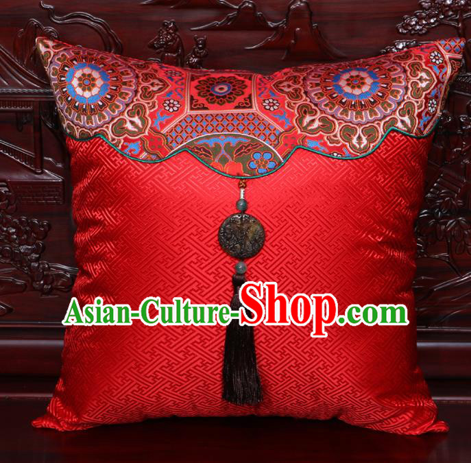 Chinese Classical Pattern Jade Pendant Red Brocade Square Cushion Cover Traditional Household Ornament