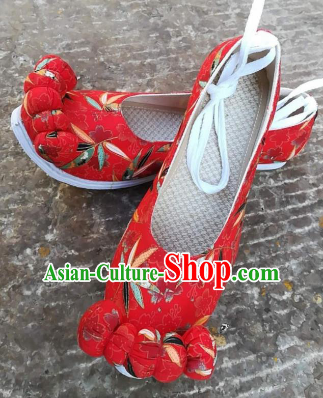 Asian Chinese Traditional Shoes Ancient Song Dynasty Printing Bamboo Red Shoes Hanfu Shoes for Women