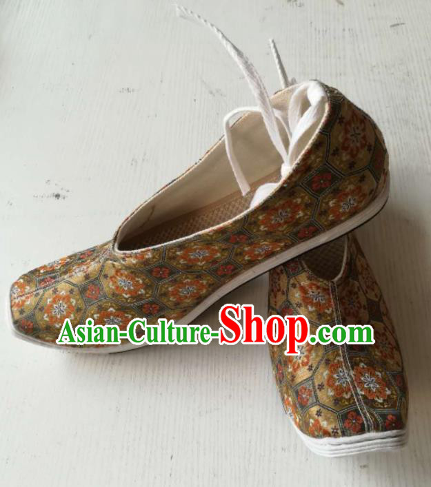 Asian Chinese Traditional Hanfu Shoes Ancient Song Dynasty Brown Brocade Shoes for Men