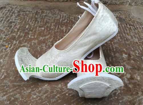 Asian Chinese Traditional Hanfu Shoes Ancient Han Dynasty White Brocade Shoes for Men