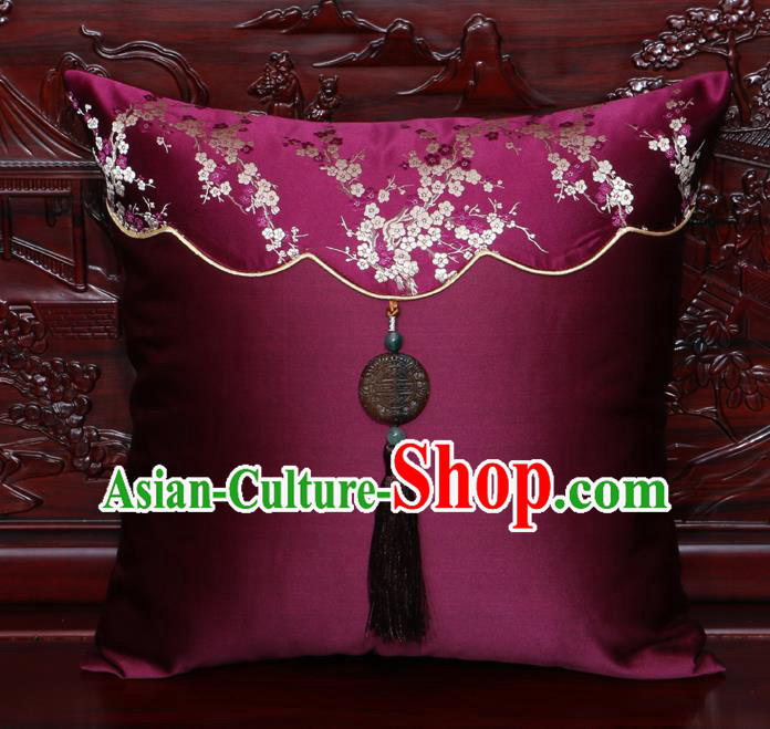 Chinese Classical Plum Blossom Pattern Jade Pendant Wine Red Brocade Square Cushion Cover Traditional Household Ornament
