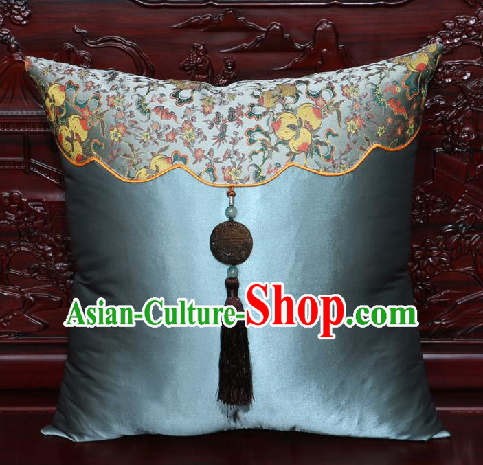 Chinese Classical Peach Pattern Jade Pendant Blue Brocade Square Cushion Cover Traditional Household Ornament