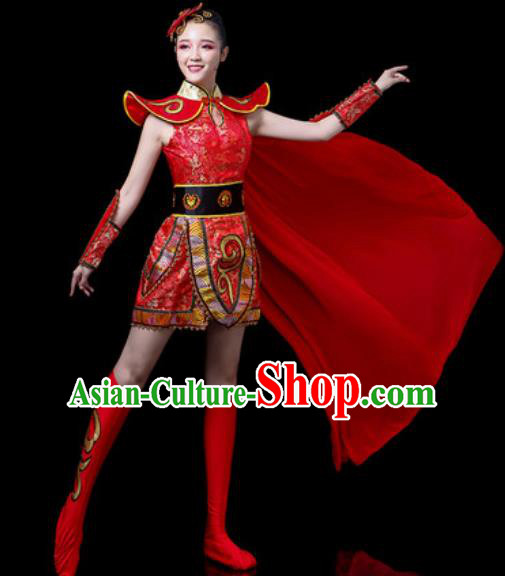 Traditional Chinese Folk Dance Costume Stage Performance Drum Dance Red Clothing for Women