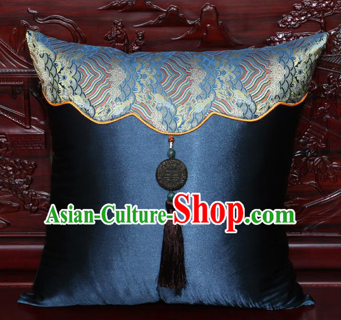 Chinese Classical Pattern Jade Pendant Navy Brocade Square Cushion Cover Traditional Household Ornament