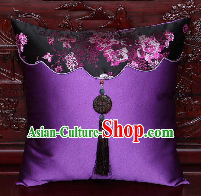 Chinese Classical Peony Pattern Jade Pendant Purple Brocade Square Cushion Cover Traditional Household Ornament