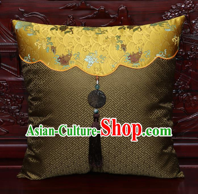 Chinese Classical Pattern Jade Pendant Khaki Brocade Square Cushion Cover Traditional Household Ornament