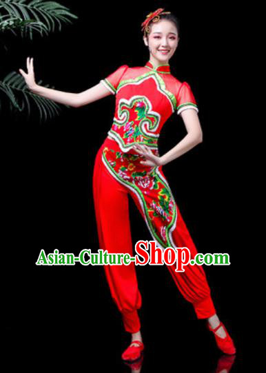 Traditional Chinese Stage Performance Costume Folk Dance Fan Dance Red Clothing for Women