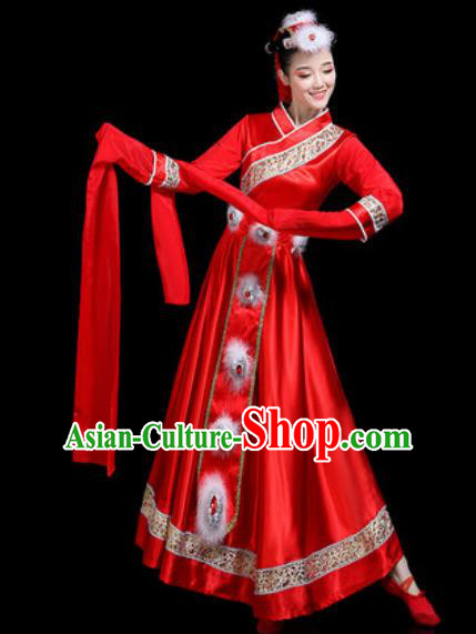 Chinese Traditional Ethnic Dance Costume Zang Nationality Folk Dance Red Dress for Women
