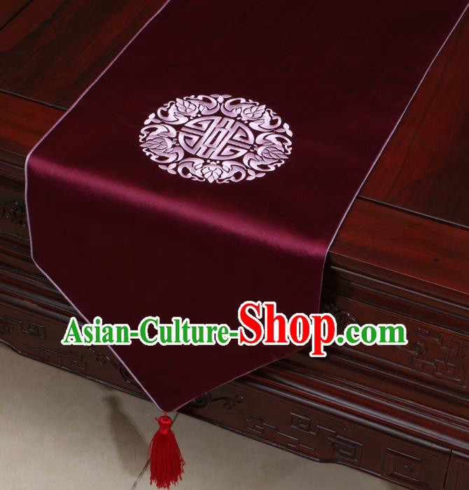 Chinese Classical Embroidered Wine Red Brocade Table Flag Traditional Satin Household Ornament Table Cover