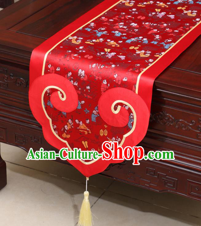 Chinese Classical Children Pattern Red Satin Table Flag Traditional Brocade Household Ornament Table Cover