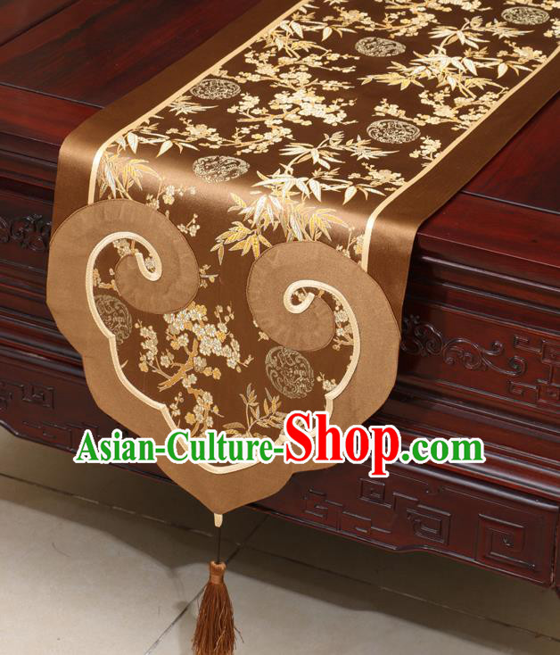 Chinese Classical Plum Blossom Bamboo Pattern Brown Satin Table Flag Traditional Brocade Household Ornament Table Cover