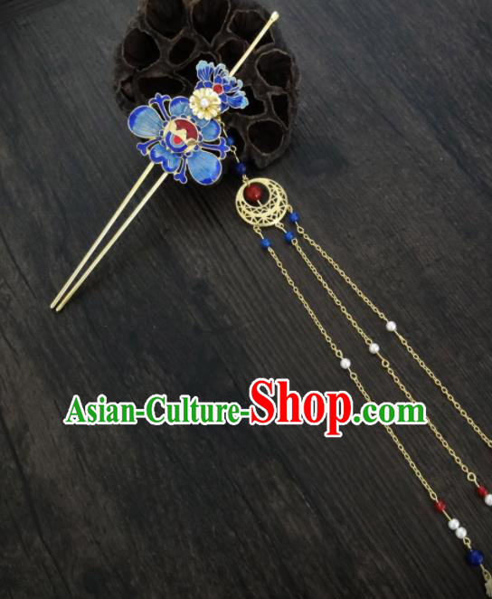 Chinese Ancient Palace Blueing Lotus Hair Clips Hair Accessories Traditional Classical Tassel Hairpins for Women