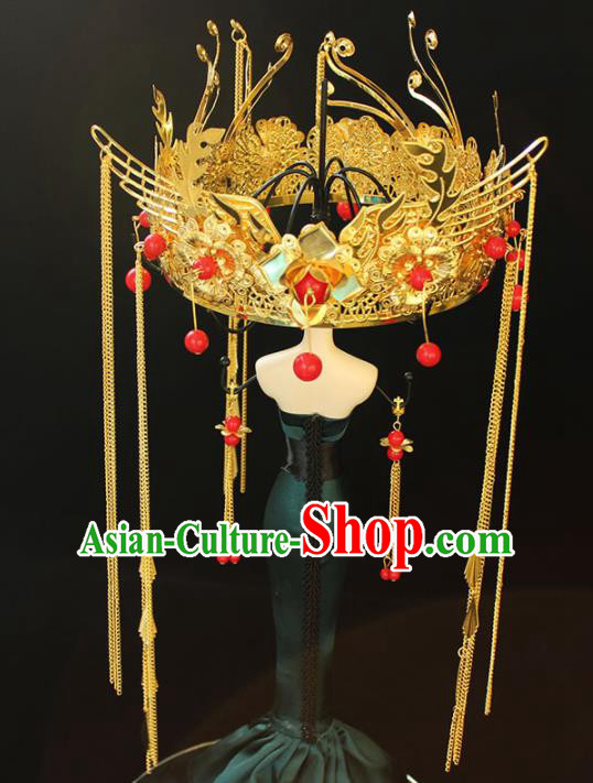 Chinese Ancient Palace Bride Hair Accessories Traditional Classical Golden Phoenix Coronet Hairpins for Women