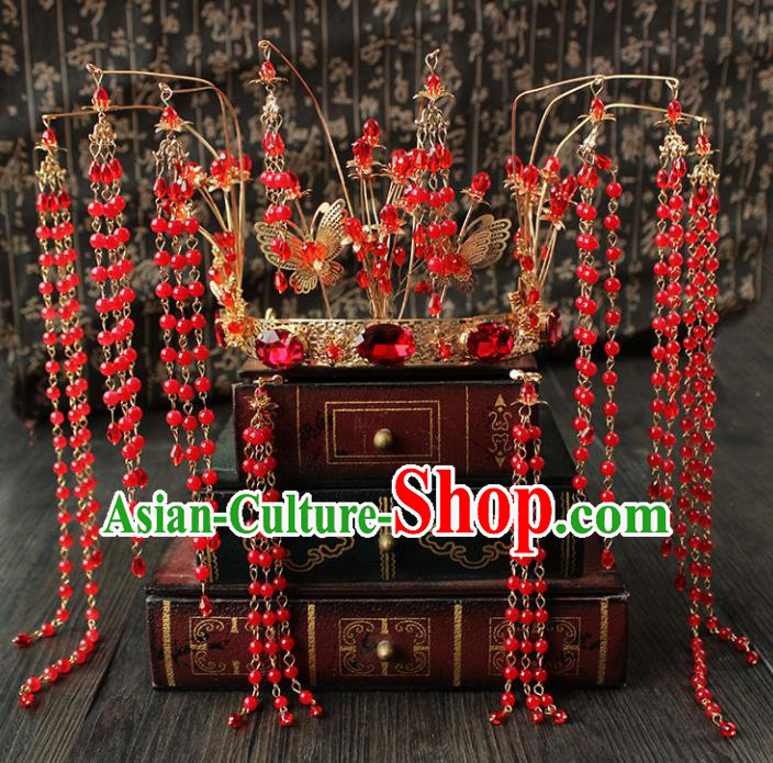 Chinese Ancient Palace Hair Accessories Traditional Wedding Classical Red Beads Tassel Phoenix Coronet Hairpins for Women