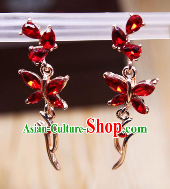 Chinese Ancient Jewelry Accessories Traditional Classical Red Crystal Butterfly Earrings for Women