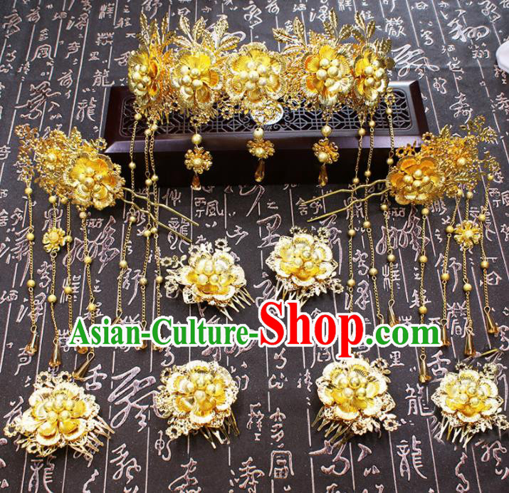 Chinese Ancient Wedding Hair Accessories Traditional Classical Golden Crown Tassel Hairpins for Women