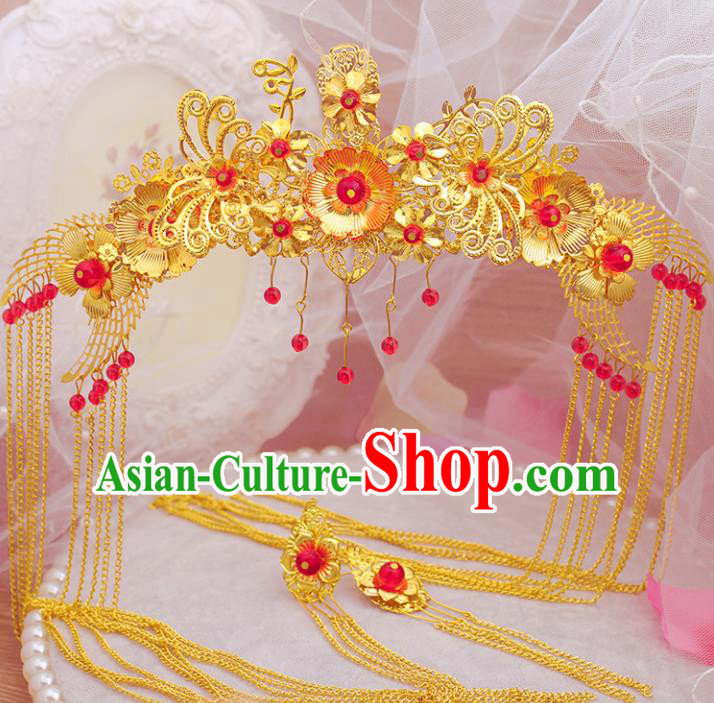 Chinese Ancient Bride Hair Accessories Traditional Classical Golden Crown Tassel Hairpins for Women