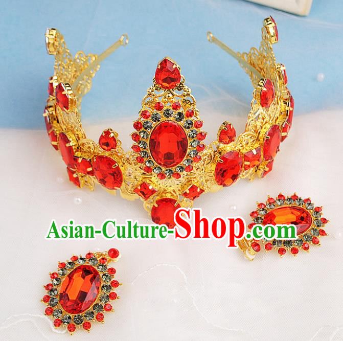 Top Grade Handmade Hair Accessories Classical Bride Red Gem Royal Crown and Earrings for Women