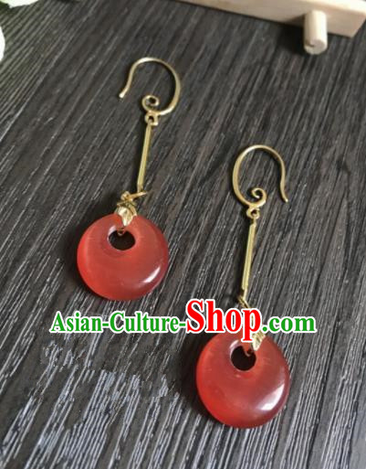 Chinese Ancient Classical Jewelry Accessories Traditional Hanfu Red Chalcedony Earrings for Women