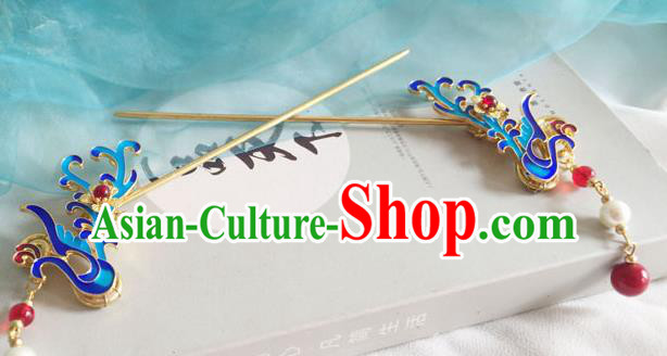 Chinese Ancient Hanfu Hair Accessories Traditional Blueing Phoenix Tassel Hairpins for Women