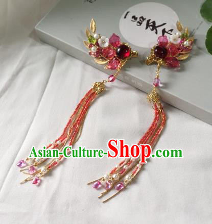 Chinese Ancient Hanfu Hair Accessories Traditional Red Coloured Glaze Hair Claws Tassel Hairpins for Women