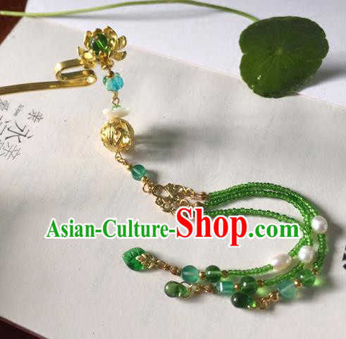 Chinese Ancient Hanfu Hair Accessories Traditional Green Beads Tassel Lotus Hairpins for Women