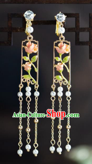 Chinese Ancient Hanfu Jewelry Accessories Traditional Wedding Pink Flowers Earrings for Women
