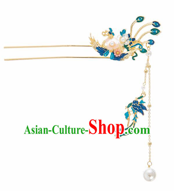 Chinese Ancient Hanfu Wedding Hair Accessories Traditional Blueing Phoenix Tassel Hairpins for Women