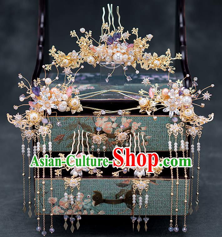 Chinese Ancient Wedding Hair Accessories Traditional Bride Hanfu Tassel Hairpins Hair Combs for Women