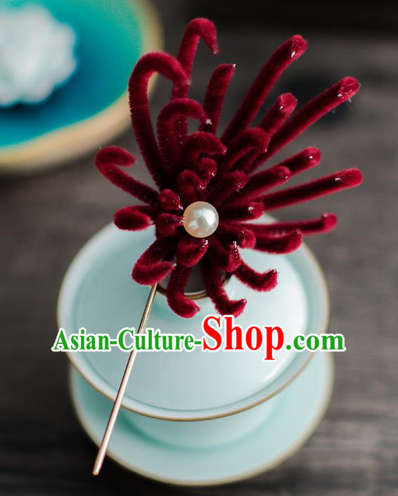 Chinese Ancient Queen Hair Accessories Traditional Hanfu Wine Red Chrysanthemum Hairpins for Women